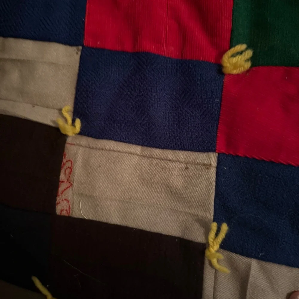 1.a.0.0.0.8.h Vtg Handmade Tied Patchwork Quilt 70x84 Mixed Fabric Folk Art